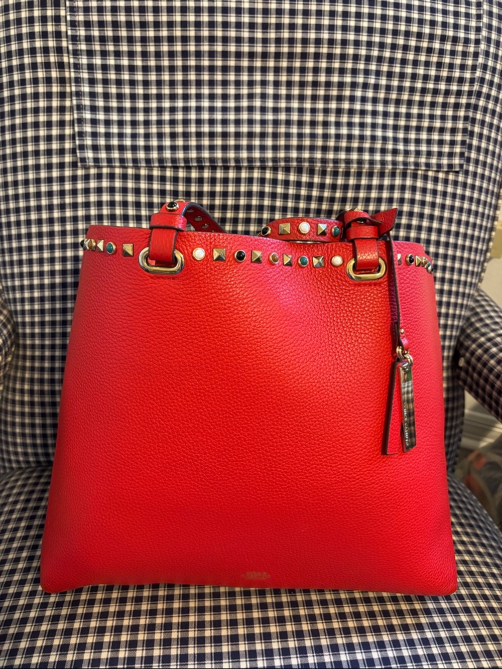 Vince Camuto Red Stud-Trim Tysa Pebbled leather Tote